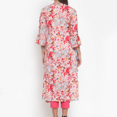 Indibelle Women Pink Rayon Slub Abstract Print Straight Kurta