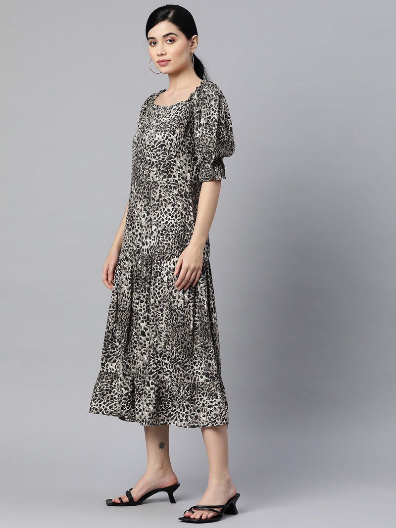 Indibelle Rayon Animal Print Flared Dress (Black)