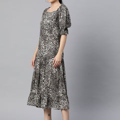 Indibelle Rayon Animal Print Flared Dress (Black)