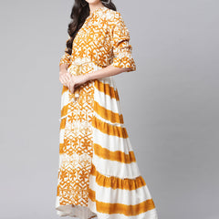 Indibelle Rayon Mustard Floral Print A-Line Kurta
