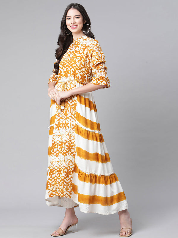 Indibelle Rayon Mustard Floral Print A-Line Kurta