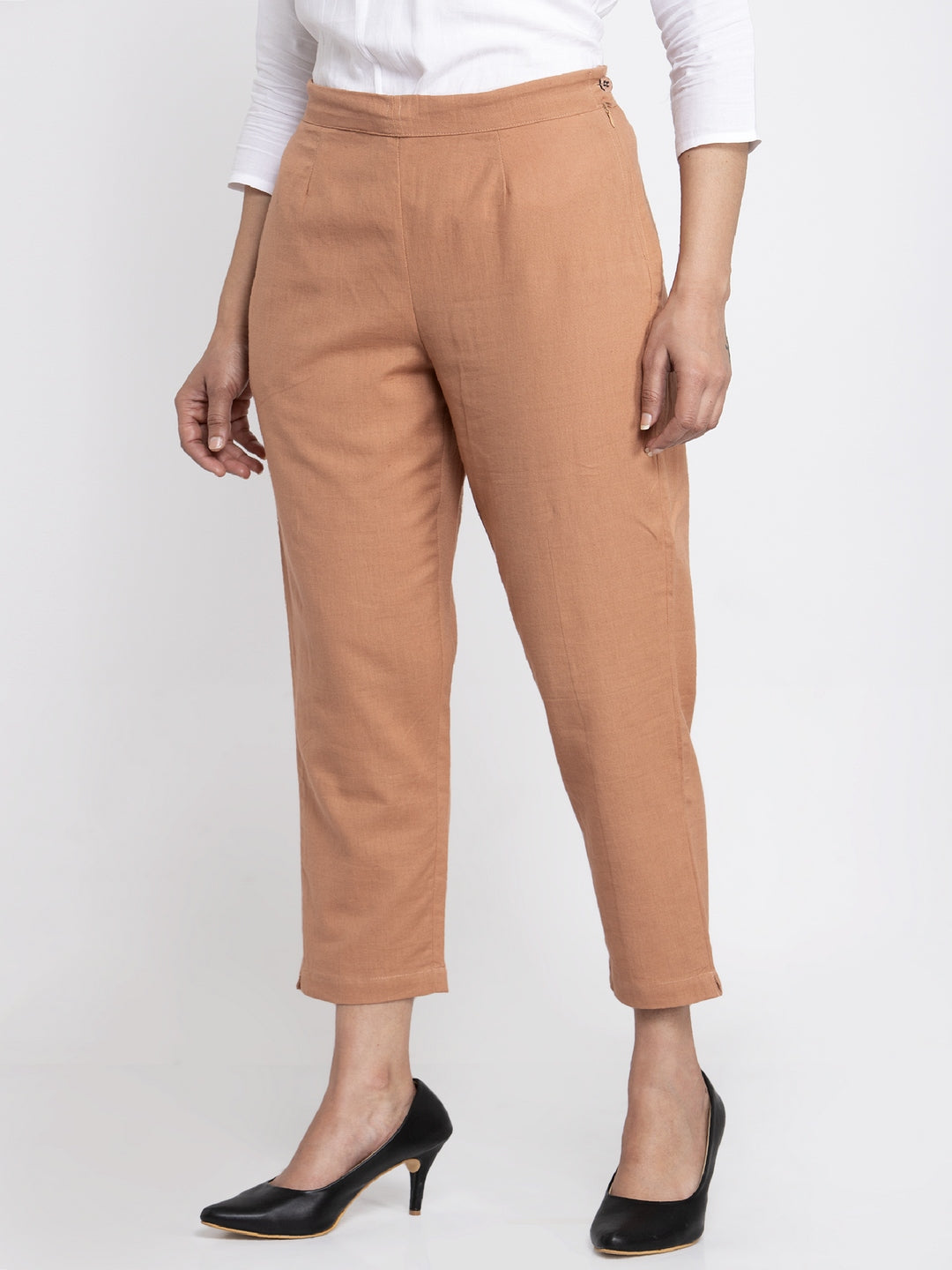 Indibelle Cotton Solid Peach Trousers