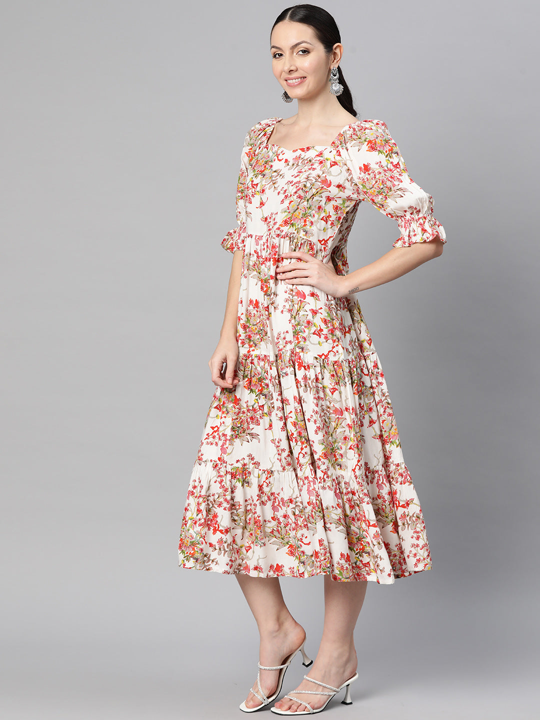 Indibelle Rayon White Floral Print Dress