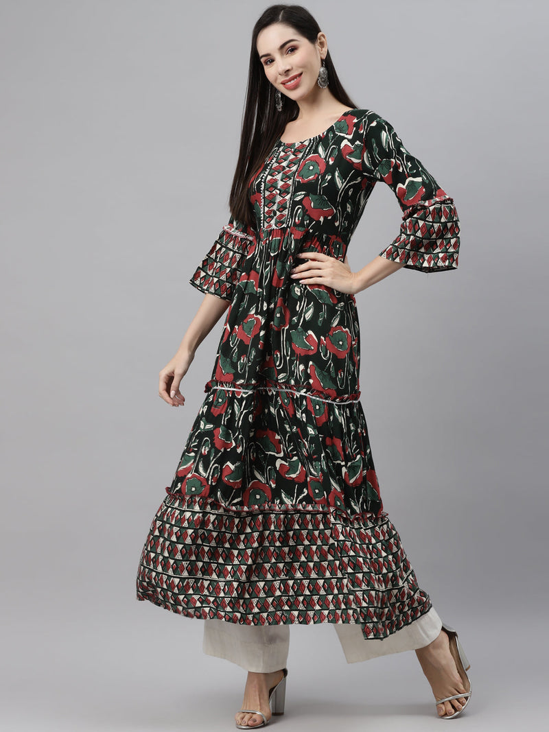Indibelle Rayon Dark Green Floral Print Flared Kurta