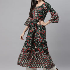 Indibelle Rayon Dark Green Floral Print Flared Kurta