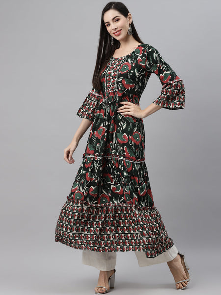 Indibelle Rayon Dark Green Floral Print Flared Kurta