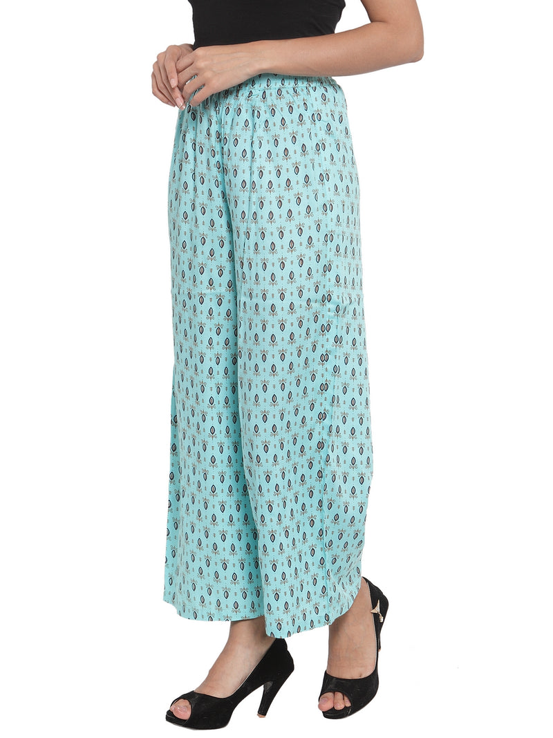 Indibelle Cotton Ethnic Booti Printed Trousers (Sky Blue)
