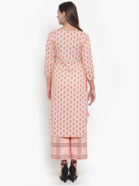 Indibelle Women Peach Cotton Flax Floral Print Straight Kurta