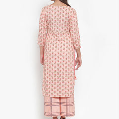 Indibelle Women Peach Cotton Flax Floral Print Straight Kurta set