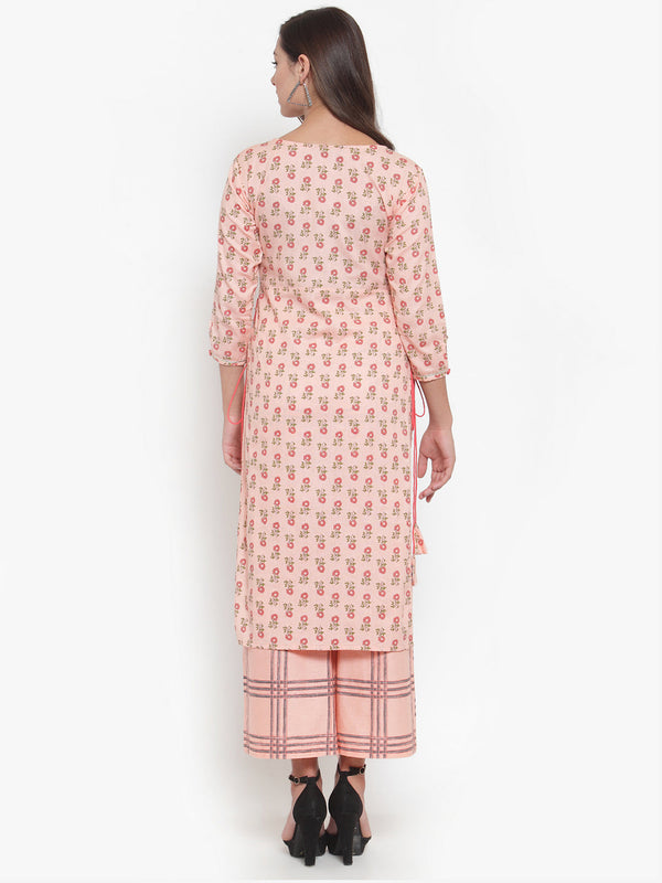 Indibelle Women Peach Cotton Flax Floral Print Straight Kurta set