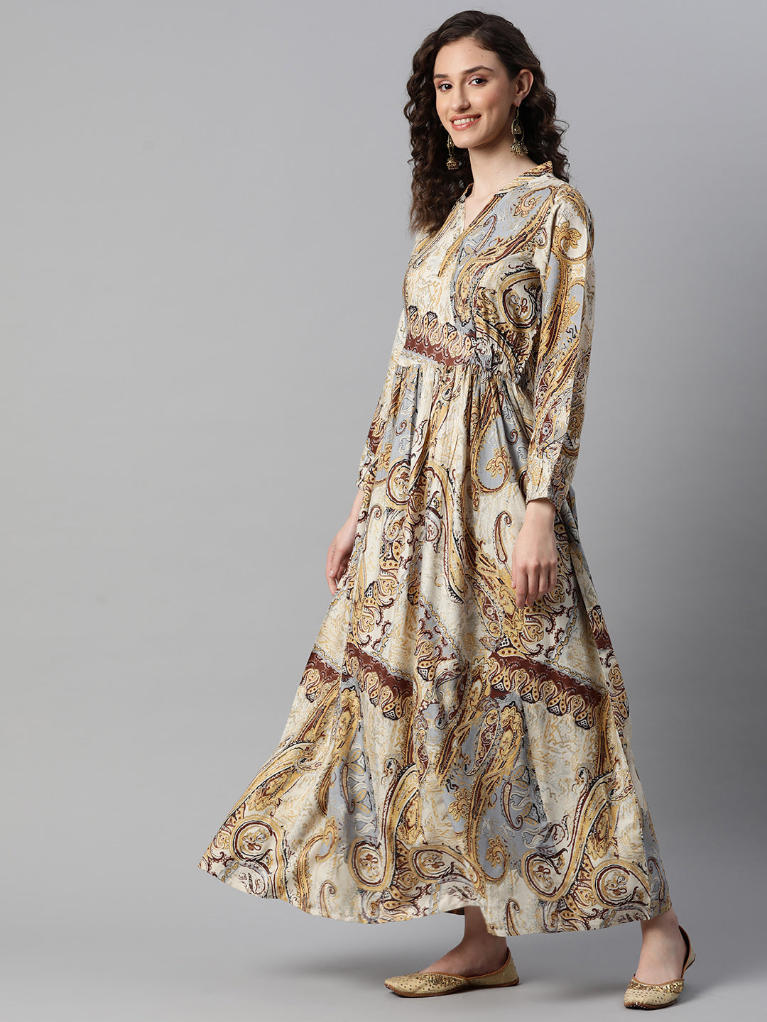 Indibelle Rayon Beige Paisley Print A-Line Dress