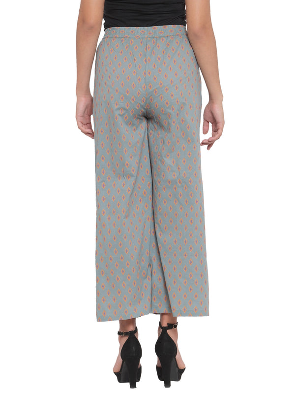 Indibelle Cotton Ethnic Motifs Print Plazzo Pants (Grey)