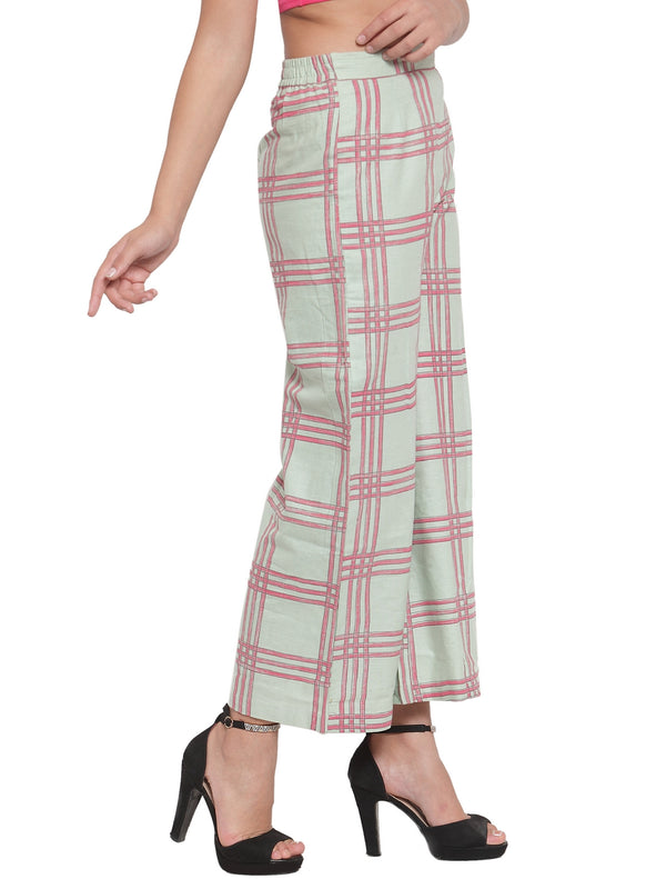 Indibelle Cotton Checkered Printed Plazzo Pants (Sea Green)