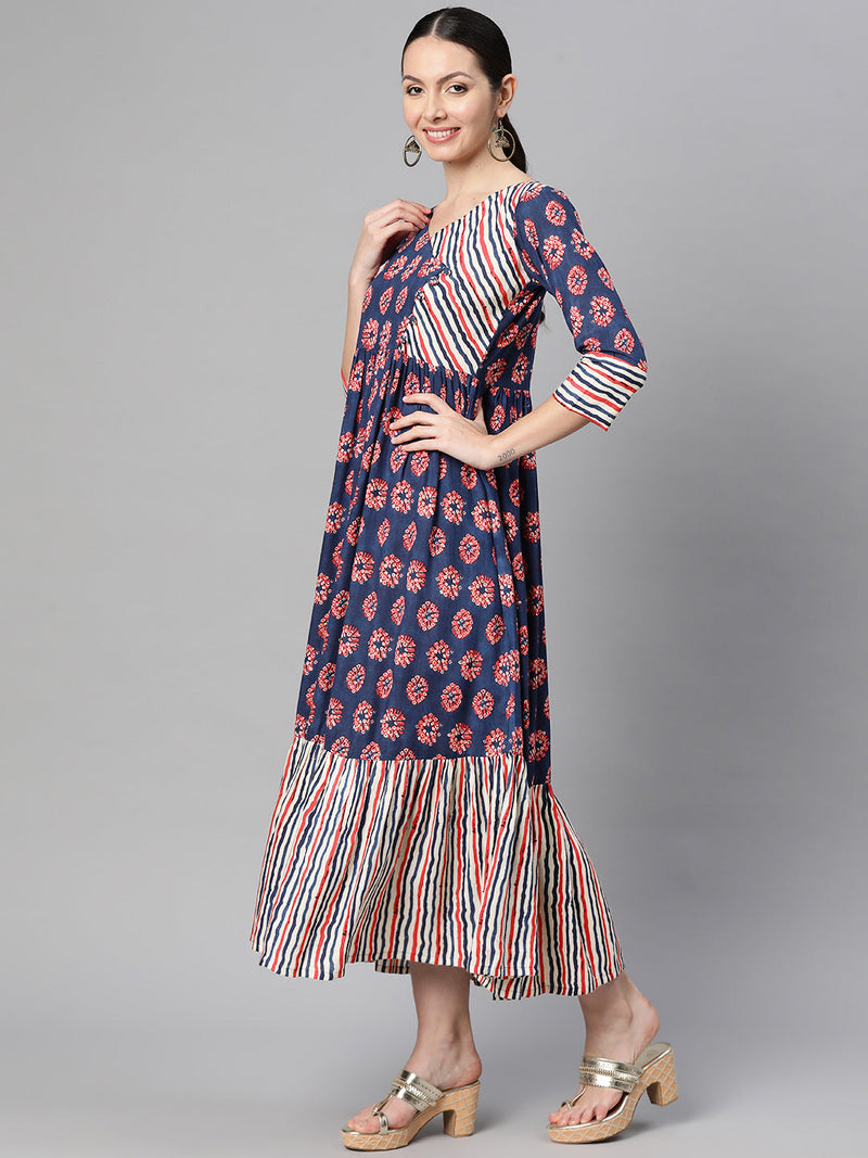 Indibelle Rayon Floral Print Flared Maxi Dress (Blue)