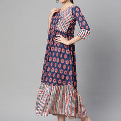 Indibelle Rayon Floral Print Flared Maxi Dress (Blue)