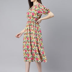 Indibelle Rayon Pink Tropical Print Flared Dress