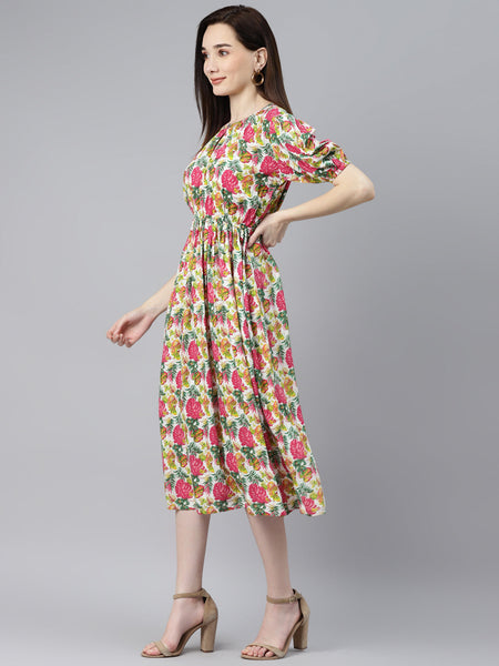 Indibelle Rayon Pink Tropical Print Flared Dress
