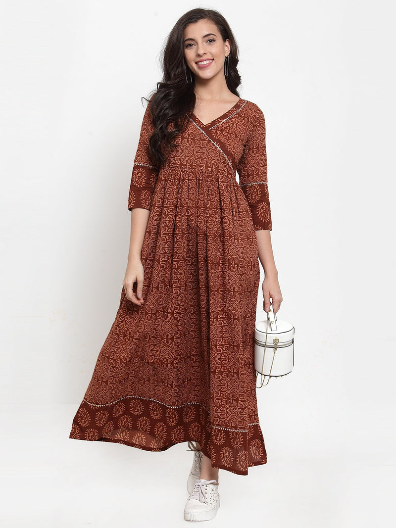 Indibelle Cotton Brown Floral Print A-Line Dress