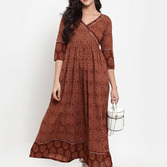 Indibelle Cotton Brown Floral Print A-Line Dress