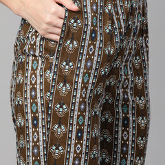 Indibelle Cotton Teal Brown Floral Print Kurta Pant With Dupatta (Teal)