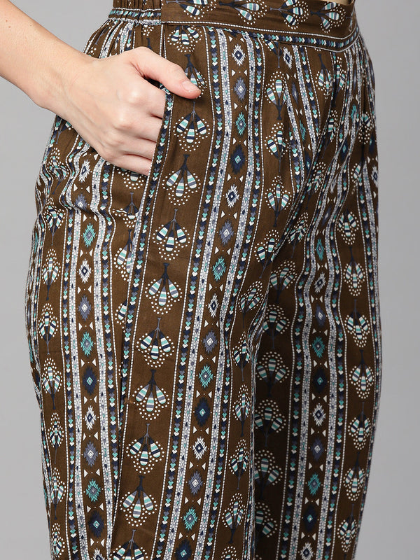 Indibelle Cotton Teal Brown Floral Print Kurta Pant With Dupatta (Teal)