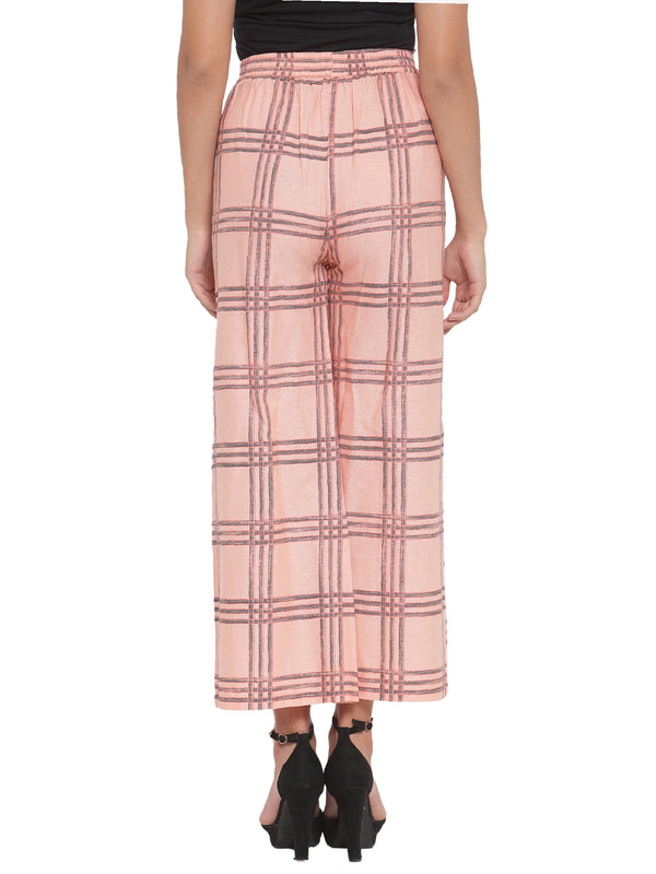 Indibelle Cotton Checkered Printed Plazzo Pants (Peach)