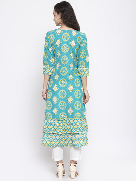 Indibelle Cotton Teal Blue booti print A-Line Kurta
