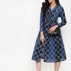 Indibelle Cotton Blue Geometric Print A-Line Dress