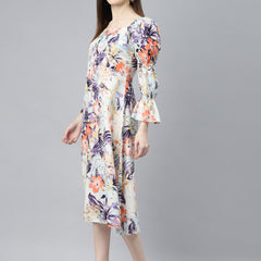 Indibelle Cotton Sky Blue Floral Print A-Line Dress