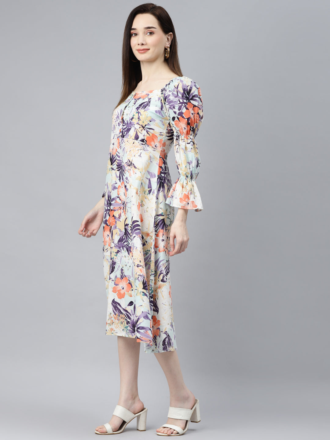 Indibelle Cotton Sky Blue Floral Print A-Line Dress