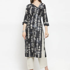 Indibelle black cotton abstract print straight kurta 