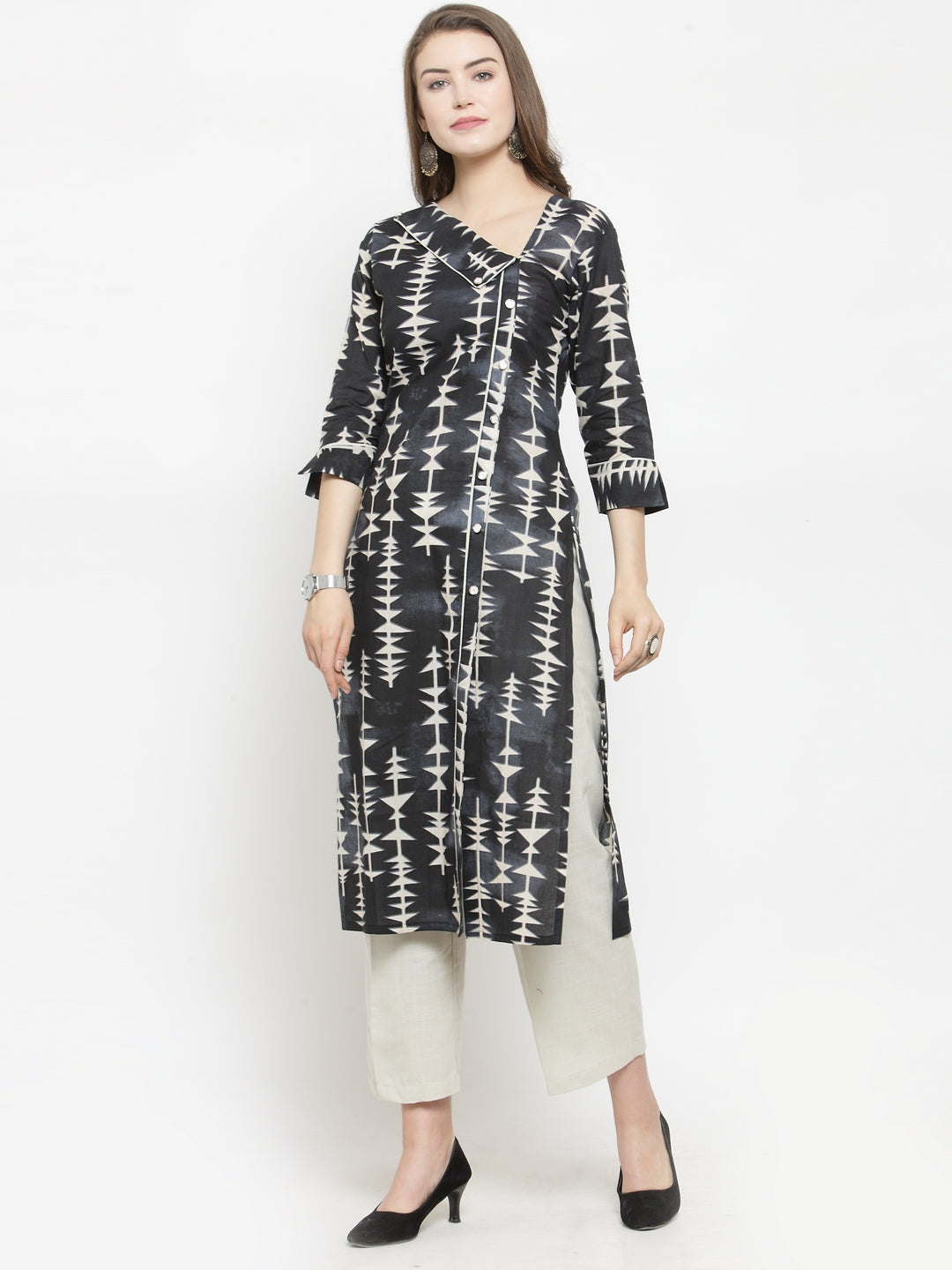 Indibelle black cotton abstract print straight kurta 