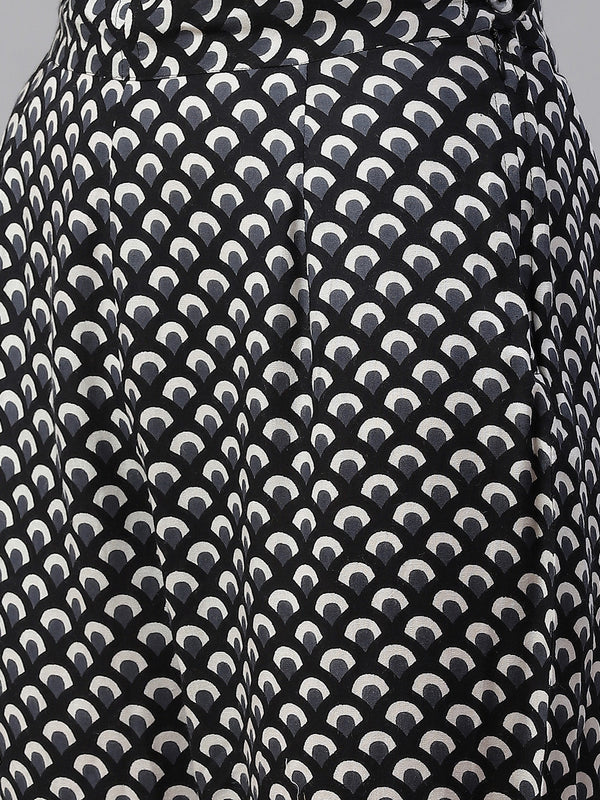 Indibelle Cotton Calf Length Floral Print A-Line Kurta Pant With Dupatta (Black)