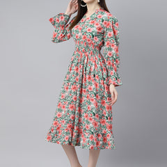 Indibelle Cotton White Tropical Print A-Line Dress