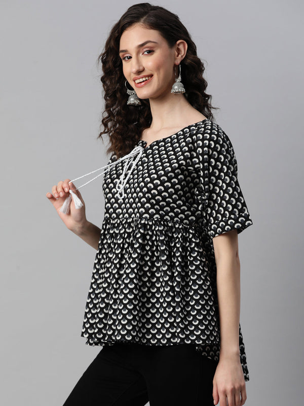 Indibelle Printed Black Peplum Top 