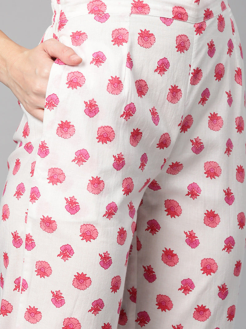 Indibelle Cotton Floral Print Kurta Pant With Dupatta (Pink)