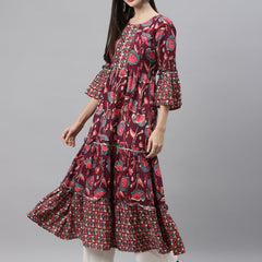 Indibelle Rayon Wine Purple Floral Print Flared Kurta