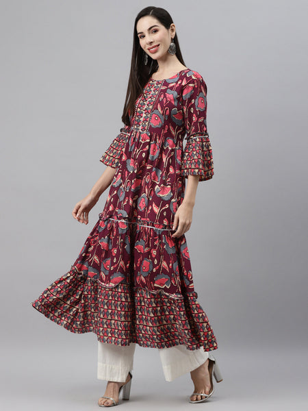Indibelle Rayon Wine Purple Floral Print Flared Kurta