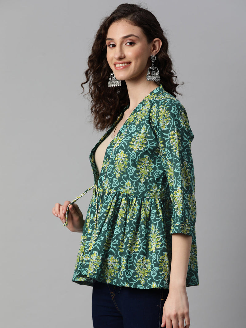 Indibelle Cotton Green Floral Print Shrug/Cape