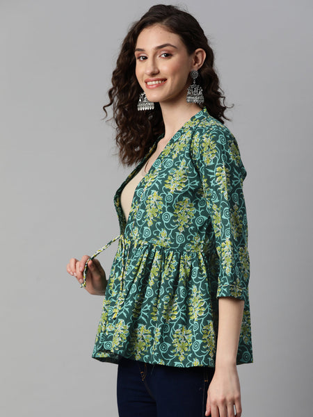 Indibelle Cotton Green Floral Print Shrug/Cape
