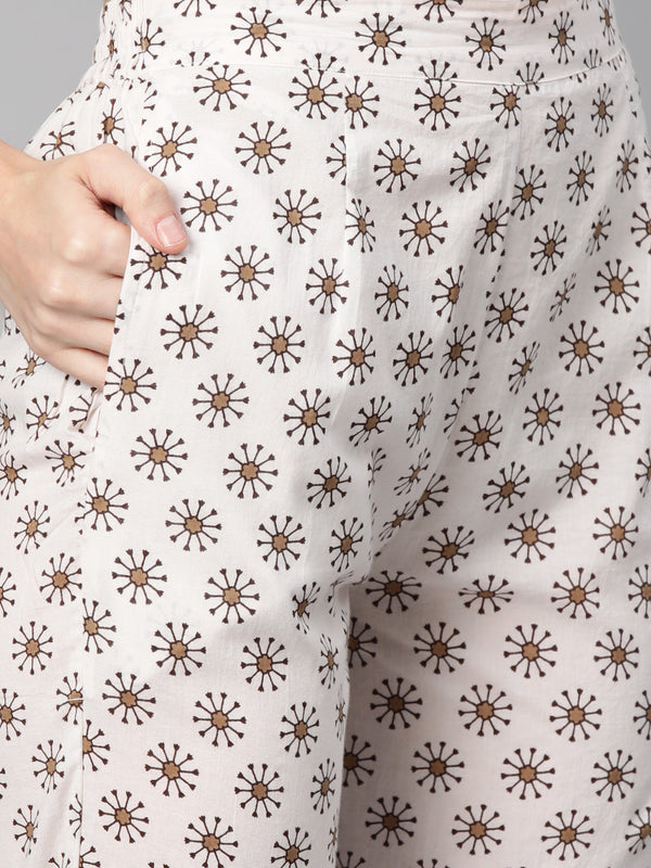 Indibelle Cotton Floral print A-Line Kurta Pant With Dupatta (Brown)