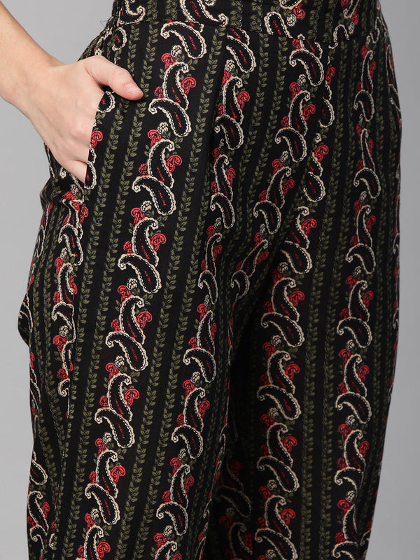 Indibelle Cotton Black Floral Paisley print Nayra Cut Kurta Set