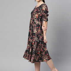Indibelle Rayon Black Floral Print Dress
