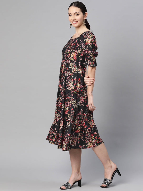 Indibelle Rayon Black Floral Print Dress