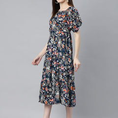 Indibelle Rayon Blue Purple Floral Print Flared Dress