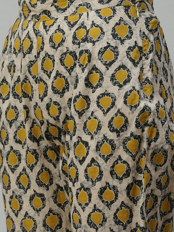 Indibelle Cotton Round Neck Floral Print Length A-Line Kurta Pant With Dupatta (Beige)