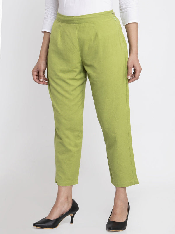 Indibelle Cotton Solid Green Trousers