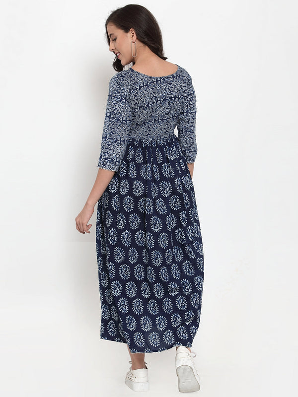 Indibelle Cotton Blue Paisley Print A-Line Dress