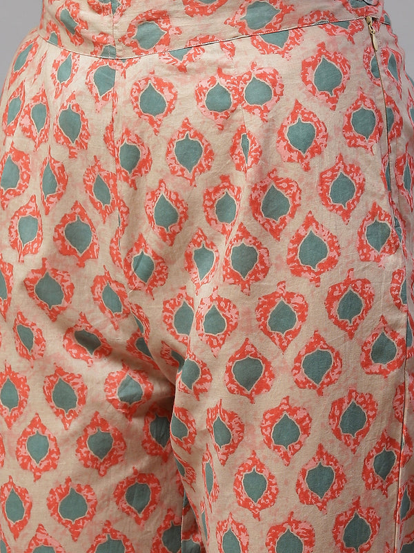 Indibelle Cotton Round Neck Floral Print A-Line Kurta Pant With Dupatta (Peach)