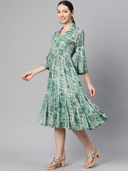 Indibelle Rayon Teal Abstract Print Dress